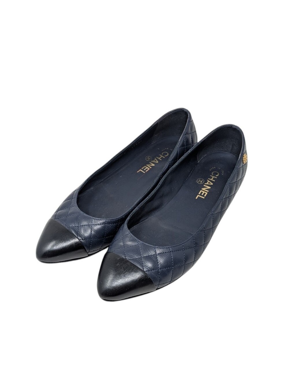 Chanel Navy Blue Quilted Cap Toe Camellia Charm Ballerina Flat Size EU 40.5 - Picture 4 of 10